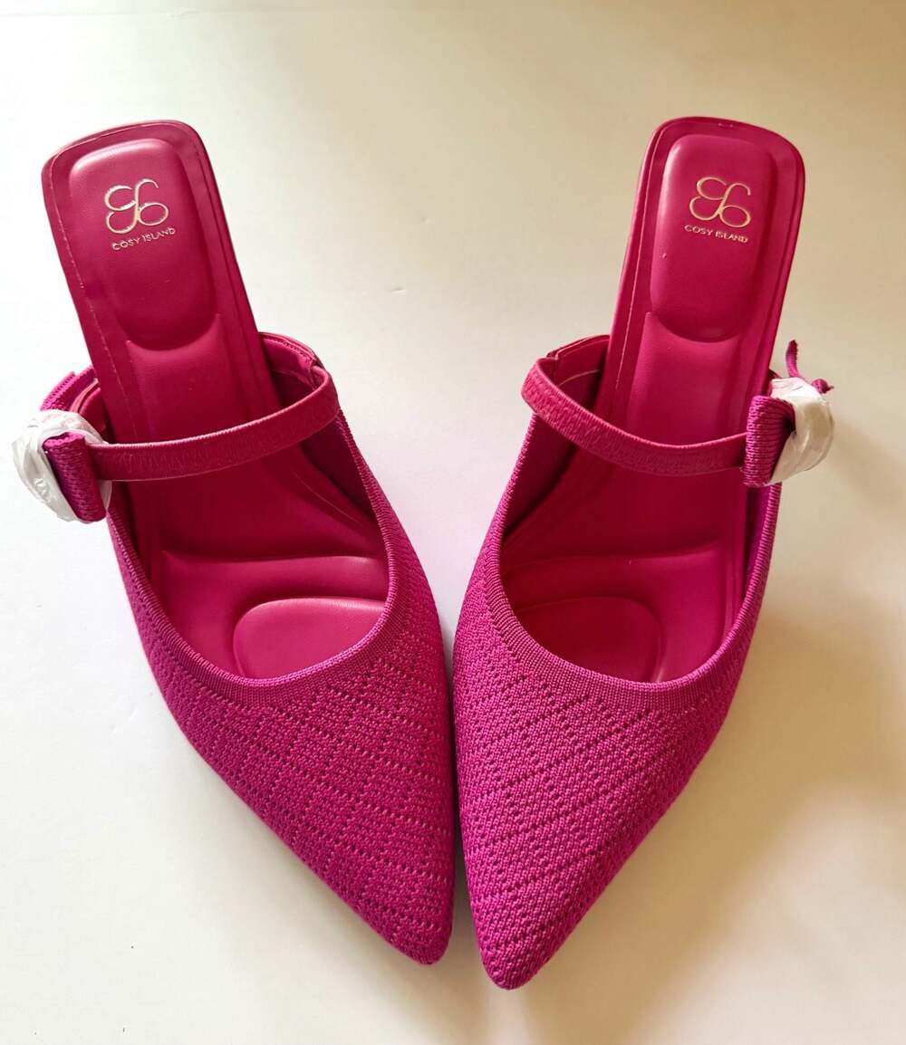 Cosy Island Hot Pink Knit Pointed Toe Bow Mary Jane Kitten Heel Mules Size 9 - Picture 2 of 6